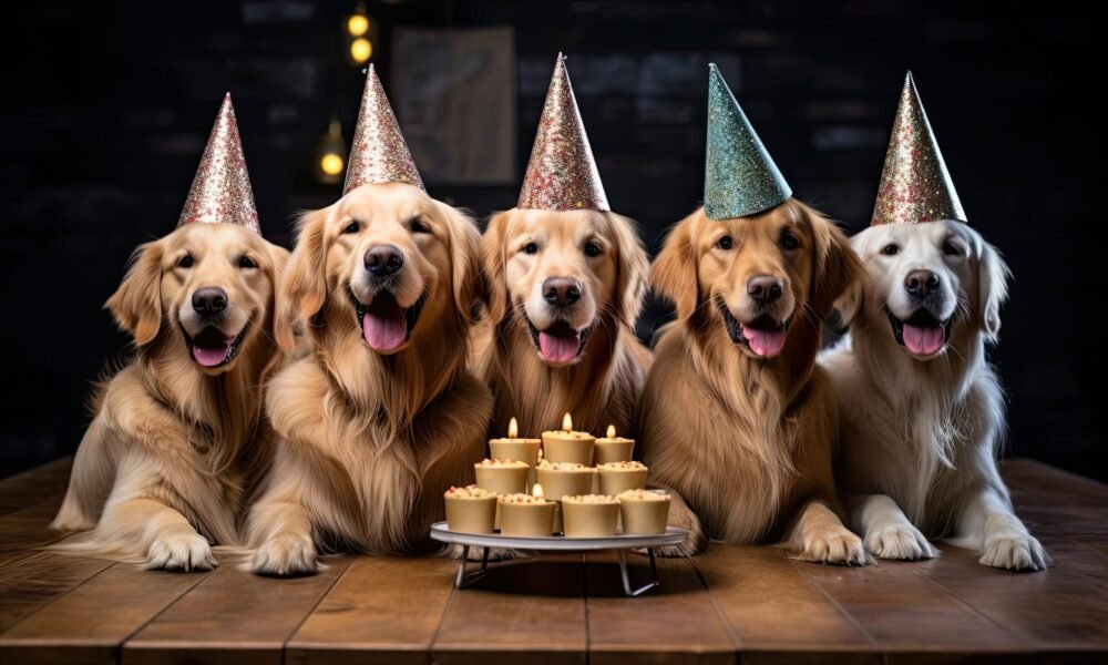 bunch-golden-retrievers-party-hats-gifts-style-relatable-personality