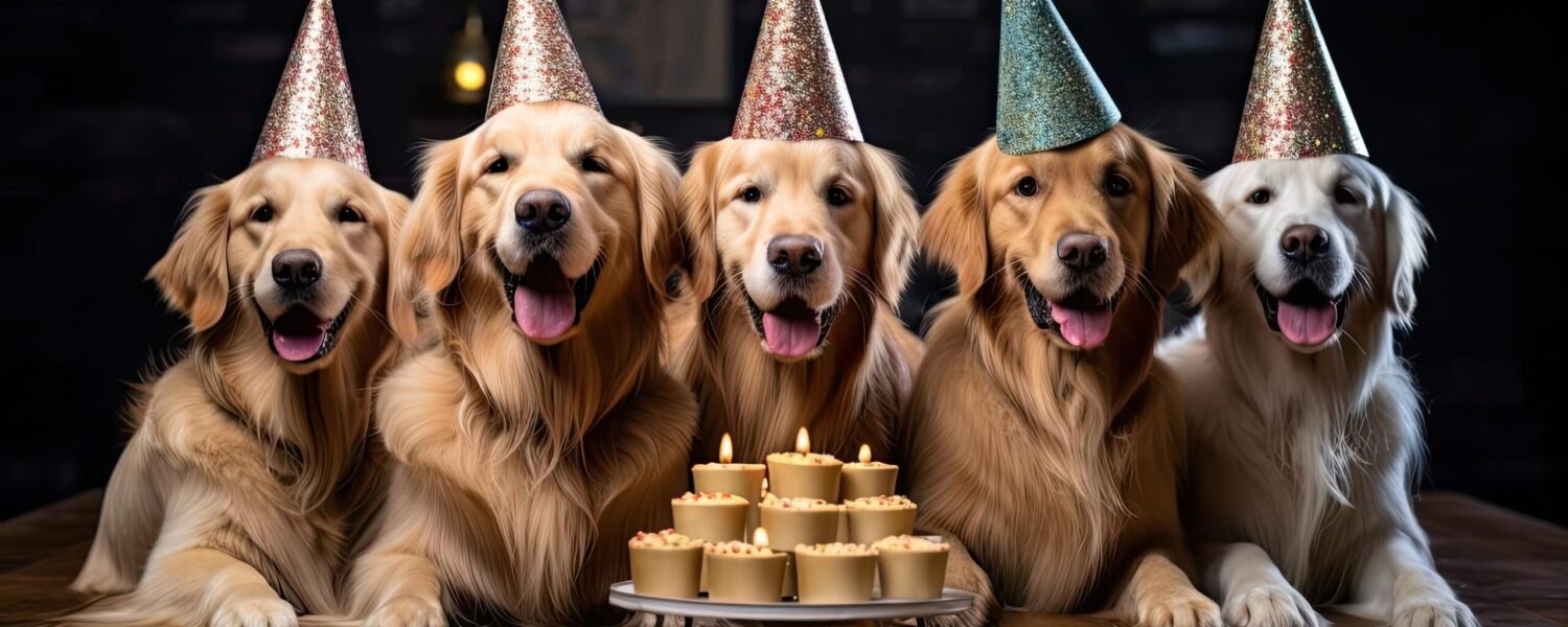 bunch-golden-retrievers-party-hats-gifts-style-relatable-personality