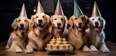 bunch-golden-retrievers-party-hats-gifts-style-relatable-personality