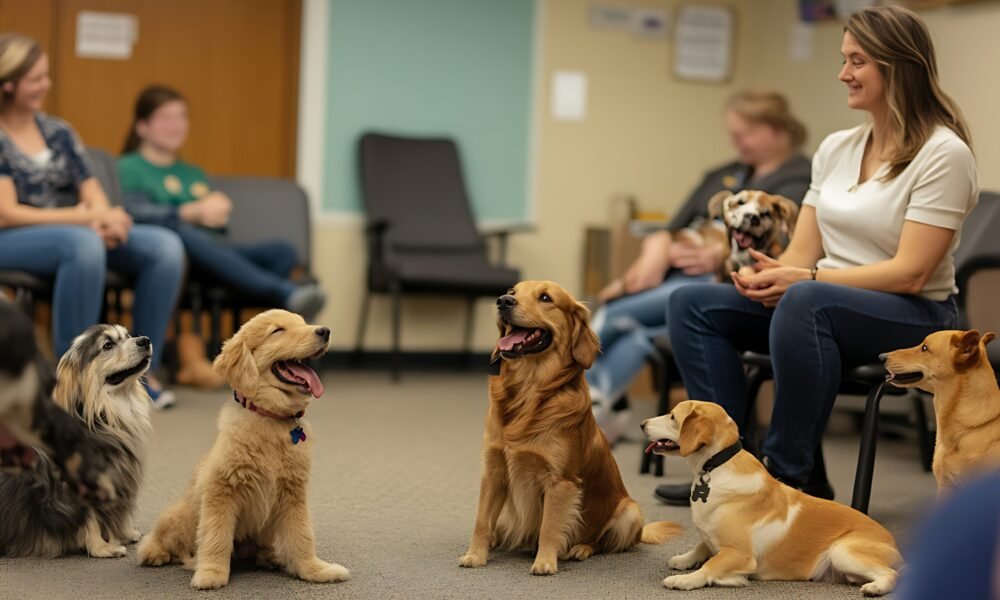 there are many dogs sitting in a circle with a woman