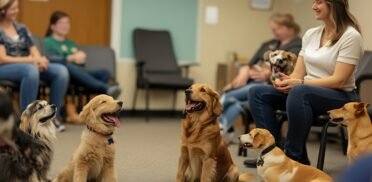 there are many dogs sitting in a circle with a woman
