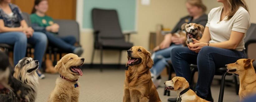 there are many dogs sitting in a circle with a woman